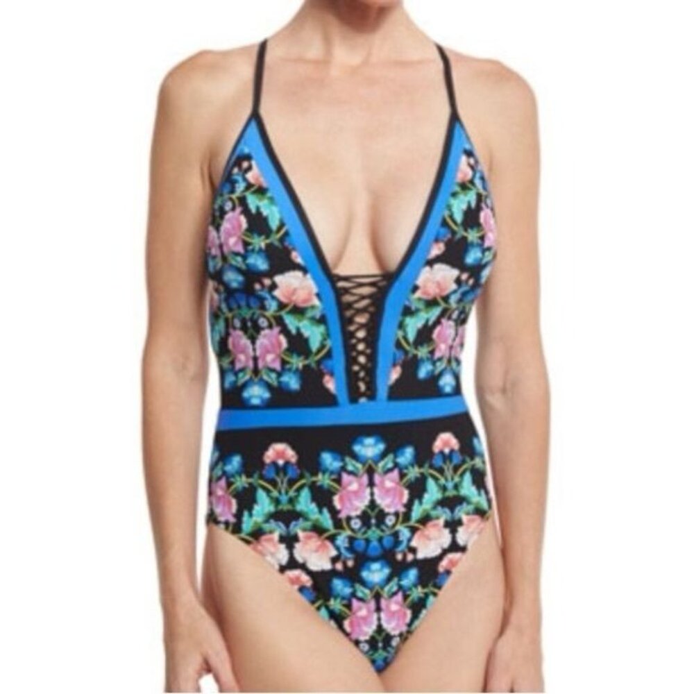 Nanette Lepore Damask Floral Print Goddess 1 Piece Mio Swimsuit Size Large - Picture 3 of 10